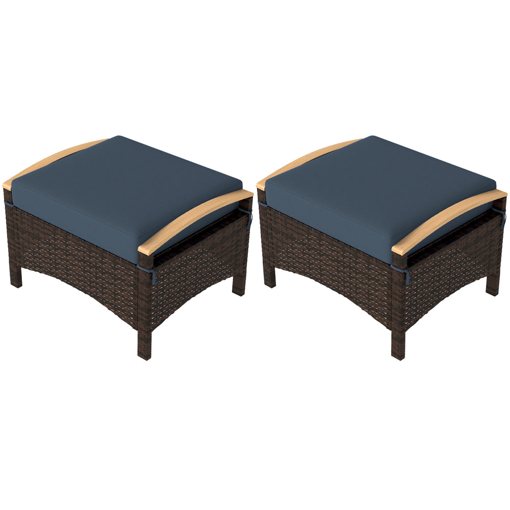Wicker Outdoor Ottoman, 2 Pieces Outdoor Ottomans and Footstools with Removable Cushion, PE Rattan Outdoor Footstool, Footrest, Side Table for Backyard, Porch, Navy Blue
