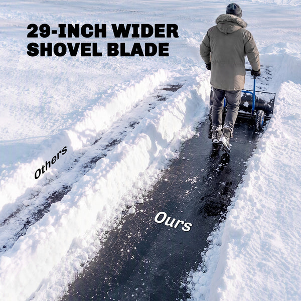 Snow Shovel with Wheels, 29" x 16.5" Heavy Duty Metal Snow Pusher with 5-Level Adjustable Handle, 5-Angle Blade and Non-Slip Grip, for Driveway, Sidewalks, Garden, Deck, Blue