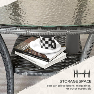 Rattan Coffee Table with Storage Shelf, Wicker Side Table with Glass Top, Outdoor End Table for Garden, Porch, Backyard, Mix Grey