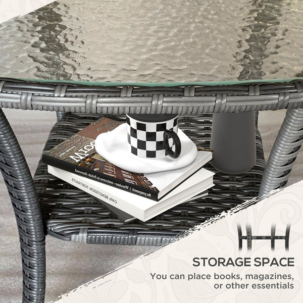 Rattan Coffee Table with Storage Shelf, Wicker Side Table with Glass Top, Outdoor End Table for Garden, Porch, Backyard, Mix Grey