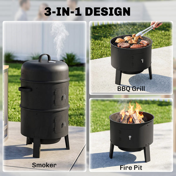 3-in-1 Vertical Barbecue Charcoal Smoker with 2 Grill Grates, Built-in Thermometer, Adjustable Vent, 2 Doors, Outdoor BBQ Smoker Grill for Camping, Parties, Picnic