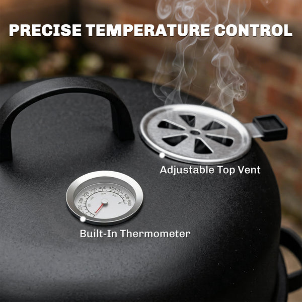 3-in-1 Vertical Barbecue Charcoal Smoker with 2 Grill Grates, Built-in Thermometer, Adjustable Vent, 2 Doors, Outdoor BBQ Smoker Grill for Camping, Parties, Picnic