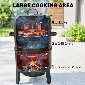 3-in-1 Vertical Barbecue Charcoal Smoker with 2 Grill Grates, Built-in Thermometer, Adjustable Vent, 2 Doors, Outdoor BBQ Smoker Grill for Camping, Parties, Picnic