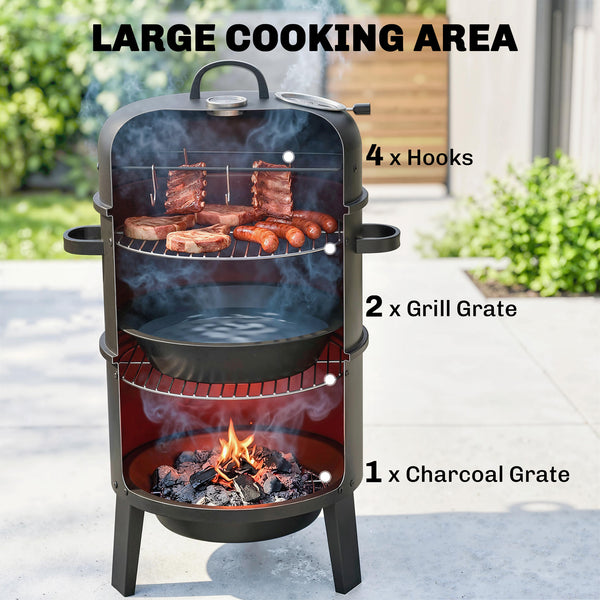 3-in-1 Vertical Barbecue Charcoal Smoker with 2 Grill Grates, Built-in Thermometer, Adjustable Vent, 2 Doors, Outdoor BBQ Smoker Grill for Camping, Parties, Picnic