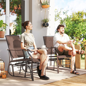 Double Patio Glider Chair with Glass Top Center Table, Outdoor Glider Loveseat with High Back,  All Weather Breathable Mesh Fabric for Garden, Backyard, Deck, Brown