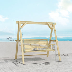 3 Seat Porch Swing with Stand, Wooden Patio Swing Chair with Side Tables and Metal Chains, Outdoor Swing Bench for Garden, Poolside, Backyard, Natural Wood