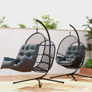 Hanging Egg Chair Outdoor Indoor, Swing Hammock Chair with Stand, Cushions, Lumbar Pillow, Adjustable Height and Steel Frame for Garden Patio Lounge Porch, Dark Grey