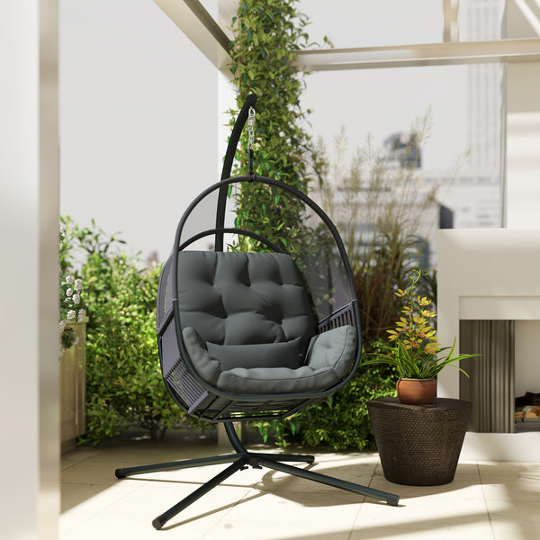 Hanging Egg Chair Outdoor Indoor, Swing Hammock Chair with Stand, Cushions, Lumbar Pillow, Adjustable Height and Steel Frame for Garden Patio Lounge Porch, Dark Grey