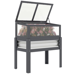 Wooden Raised Garden Bed with Flip-Up Greenhouse Top, Raised Garden Bed with Legs and Bed Liner, Elevated Planter Box for Flowers, Vegetables, Herbs, Gray