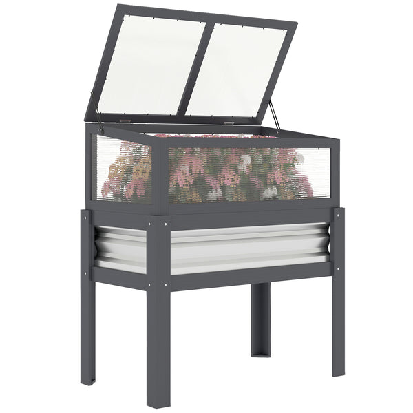 Wooden Raised Garden Bed with Flip-Up Greenhouse Top, Raised Garden Bed with Legs and Bed Liner, Elevated Planter Box for Flowers, Vegetables, Herbs, Gray
