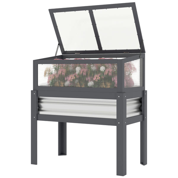 Wooden Raised Garden Bed with Flip-Up Greenhouse Top, Raised Garden Bed with Legs and Bed Liner, Elevated Planter Box for Flowers, Vegetables, Herbs, Gray