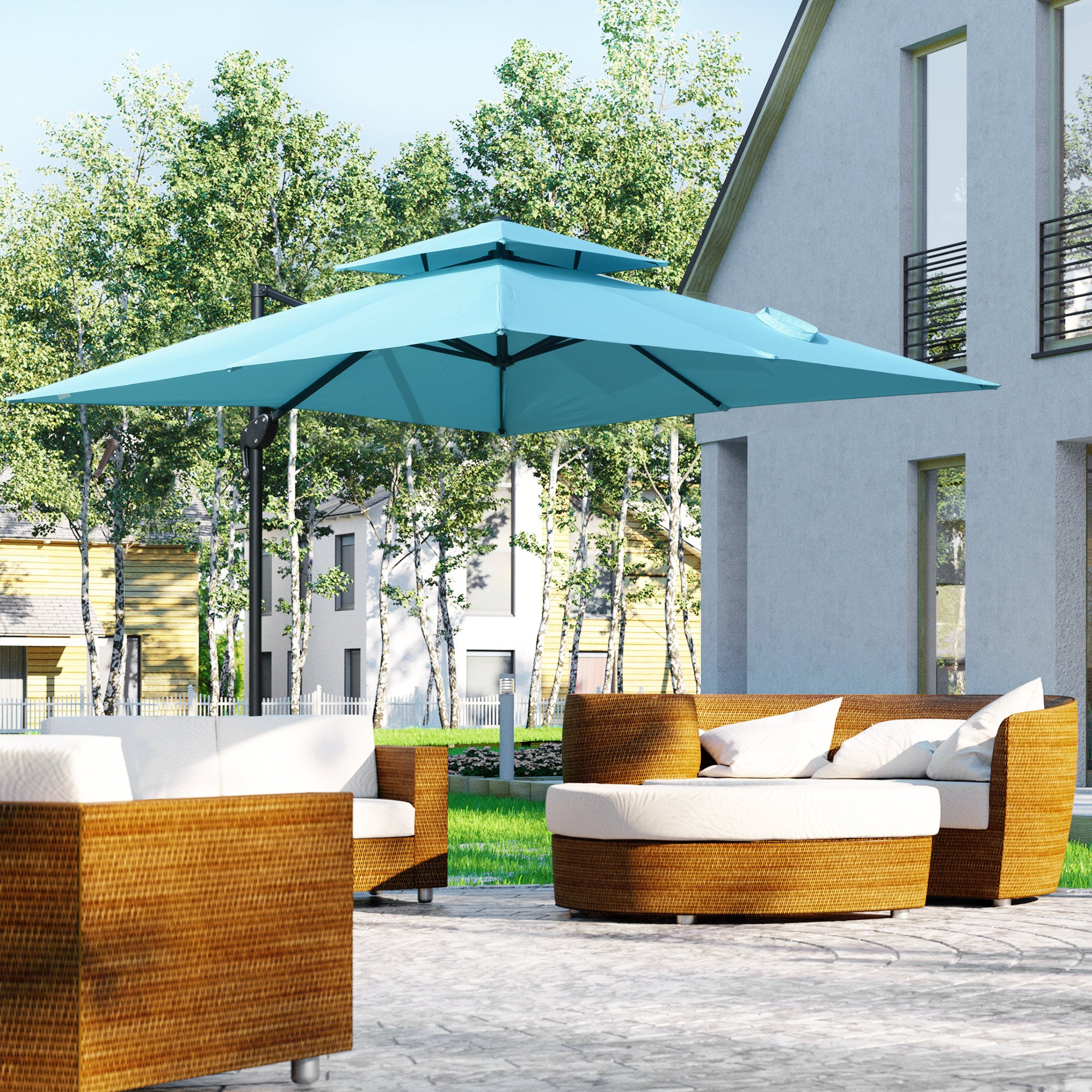 blue square patio umbrella canvas offset Outsunny 10' x 10' Double Top Square Offset Umbrella with Umbrella Cover, Light Blue