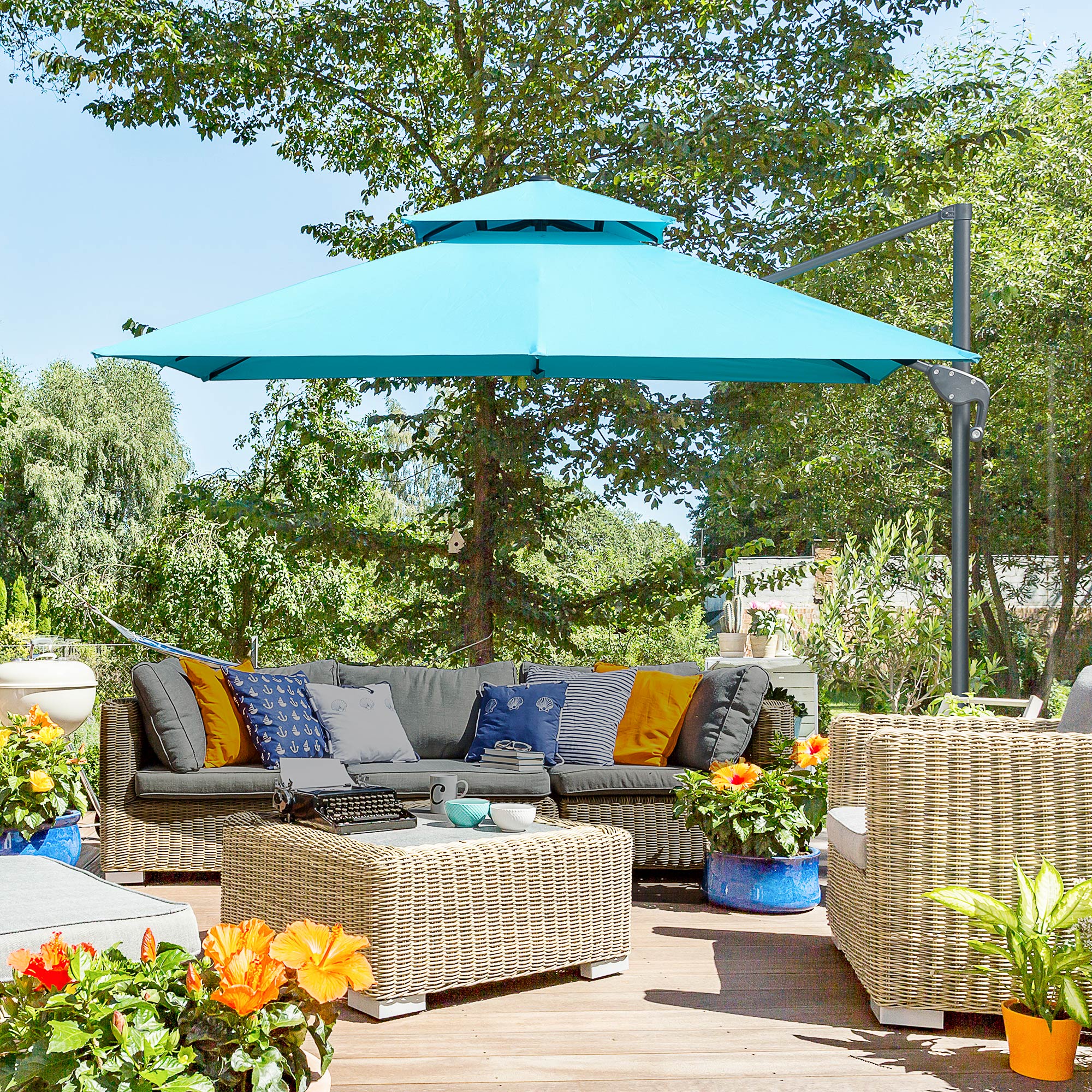 blue square patio umbrella canvas offset Outsunny 10' x 10' Double Top Square Offset Umbrella with Umbrella Cover, Light Blue