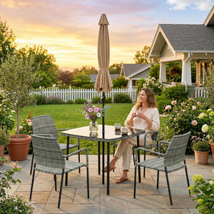 4 Seater Rattan Dining Set with Parasol, 6 Piece Garden Table and Stackable Chairs with Tempered Glass Tabletop, All-Weather Outdoor Rattan Furniture Set for Patio, Light Grey
