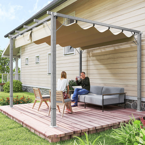 3 x 3(m) Garden Pergola with Retractable Roof Canopy and Wood Grain Aluminium Frame, Outdoor Gazebo Pergola Kit, UPF30+ Sun Shade Shelter for Deck, Porch, Grey