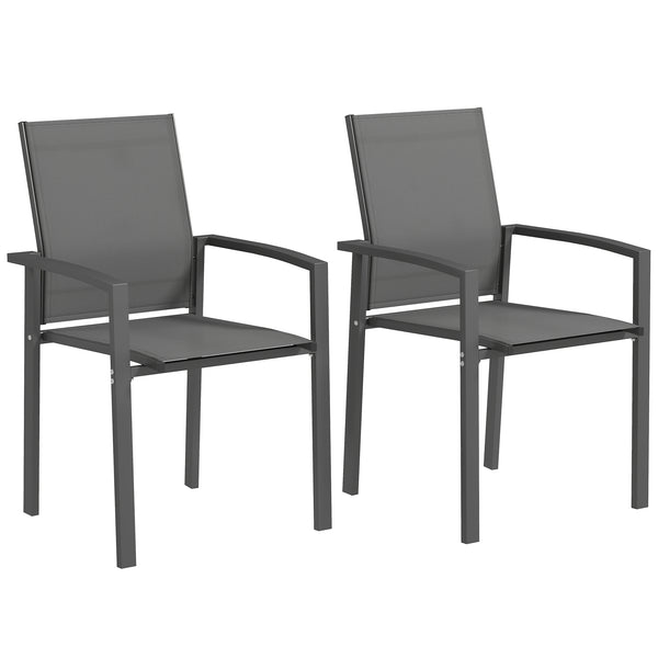 Patio Chairs Set of 2, Stackable Outdoor Patio Dining Chairs with Breathable Mesh Seat and Backrest, Armrests, Steel Frame for Balcony, Backyard, Porch, Dark Grey