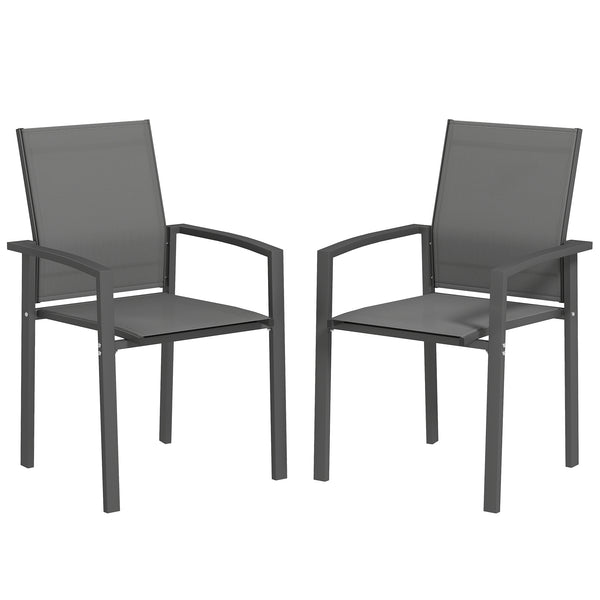 Patio Chairs Set of 2, Stackable Outdoor Patio Dining Chairs with Breathable Mesh Seat and Backrest, Armrests, Steel Frame for Balcony, Backyard, Porch, Dark Grey