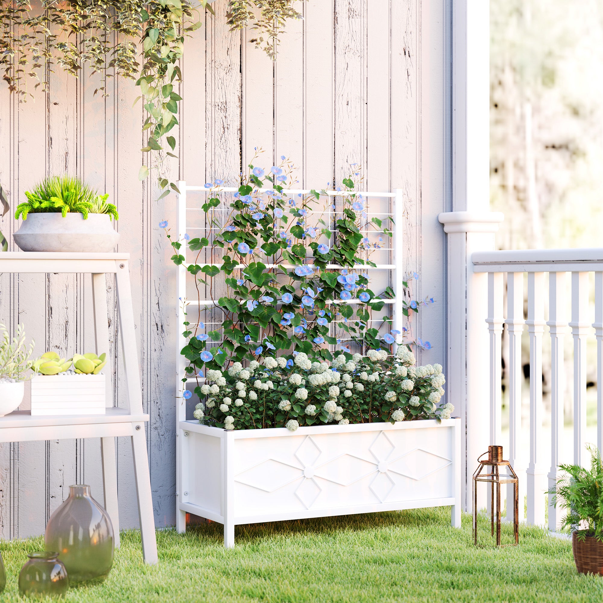 planter with trellis large Outsunny Outdoor Planter Box Galvanized Raised Garden Bed with Trellis for Climbing Vines, 35.4" x 15.7" x 47.2", White