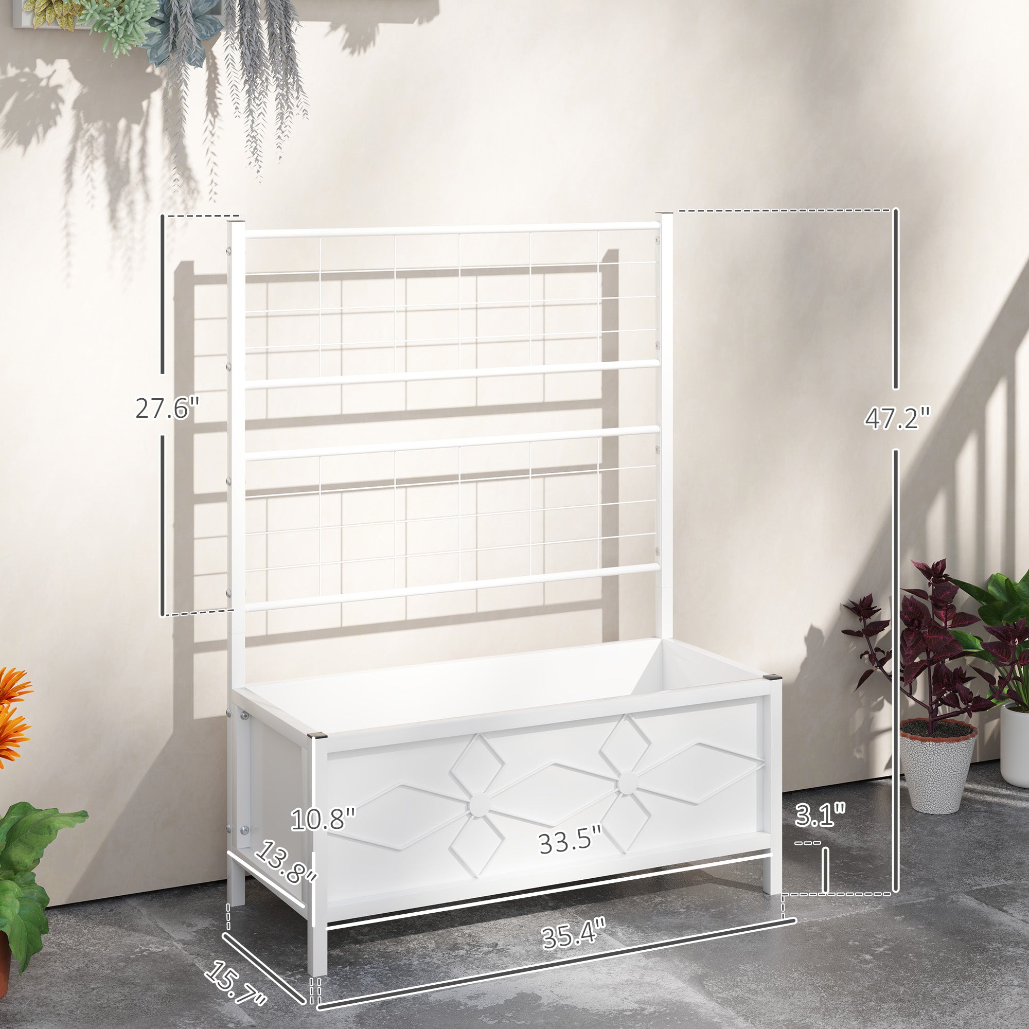 white vinyl planter box with trellis Outsunny Outdoor Planter Box Galvanized Raised Garden Bed with Trellis for Climbing Vines, 35.4" x 15.7" x 47.2", White
