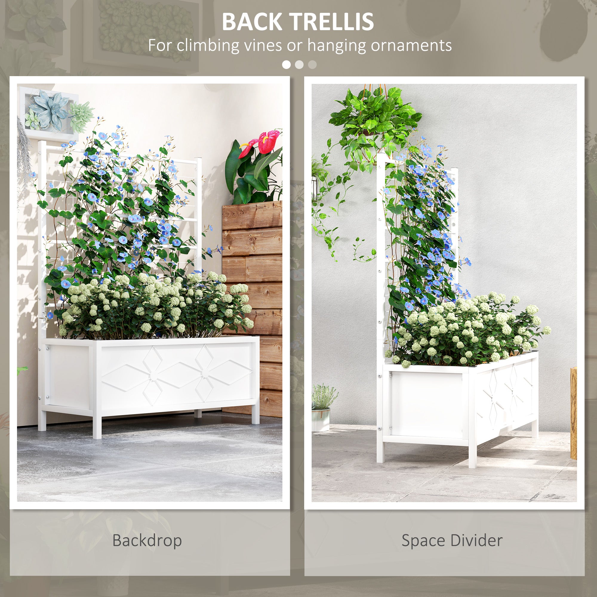 pea leaf hanging plant Outsunny Outdoor Planter Box Galvanized Raised Garden Bed with Trellis for Climbing Vines, 35.4" x 15.7" x 47.2", White