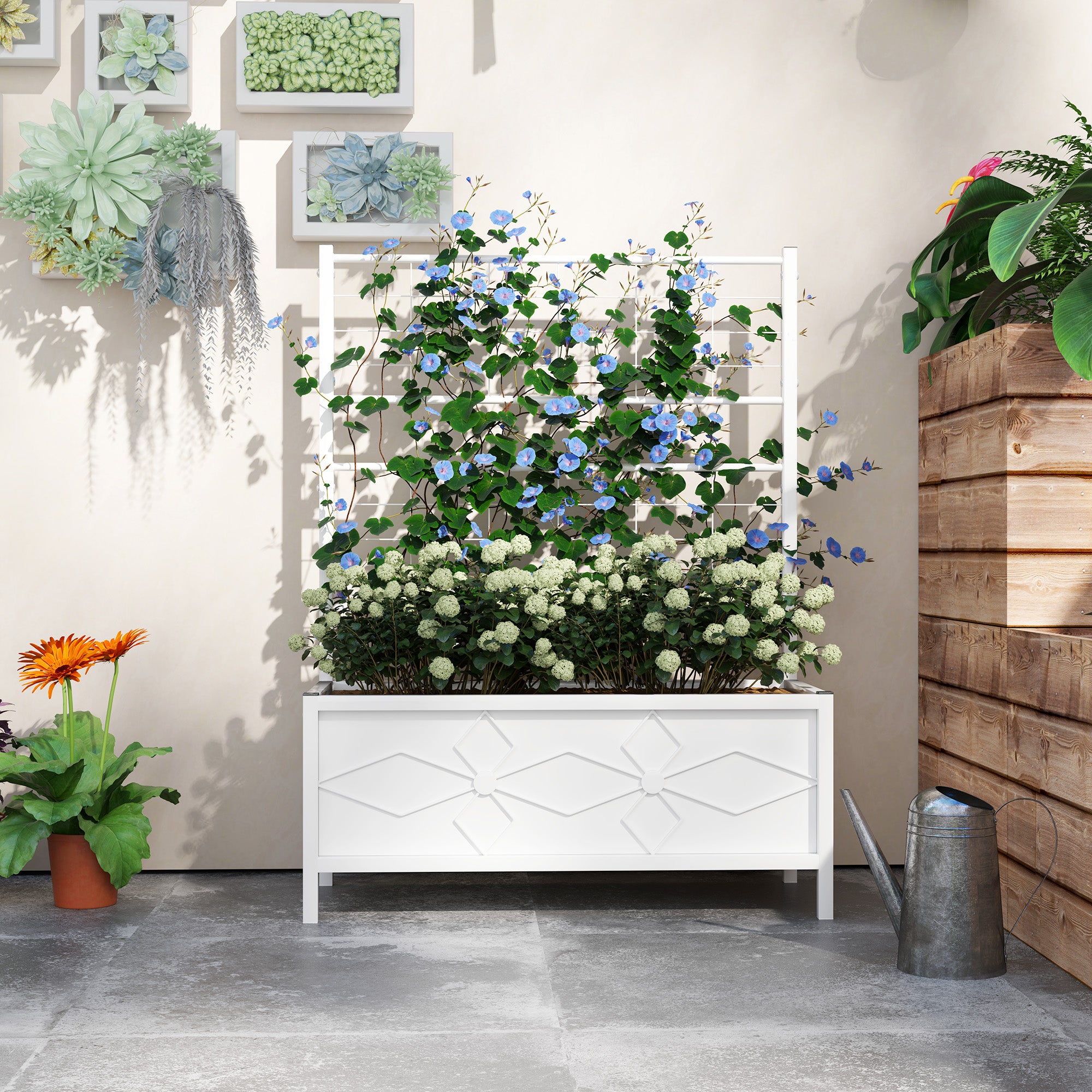 urbana outdoor planter box with trellis Outsunny Outdoor Planter Box Galvanized Raised Garden Bed with Trellis for Climbing Vines, 35.4" x 15.7" x 47.2", White