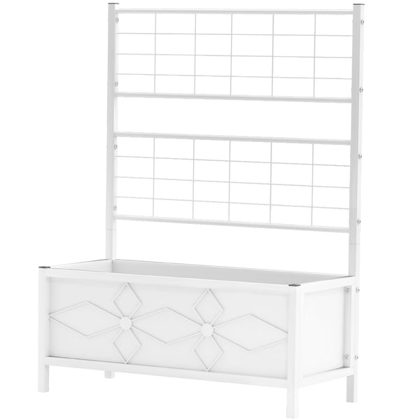 Outsunny Galvanized Raised Garden Bed with Trellis, Outdoor Planter Box for Climbing Vines Vegetables Flowers, Metal Garden Box for Backyard Patio Balcony 35.4" x 15.7" x 47.2", White