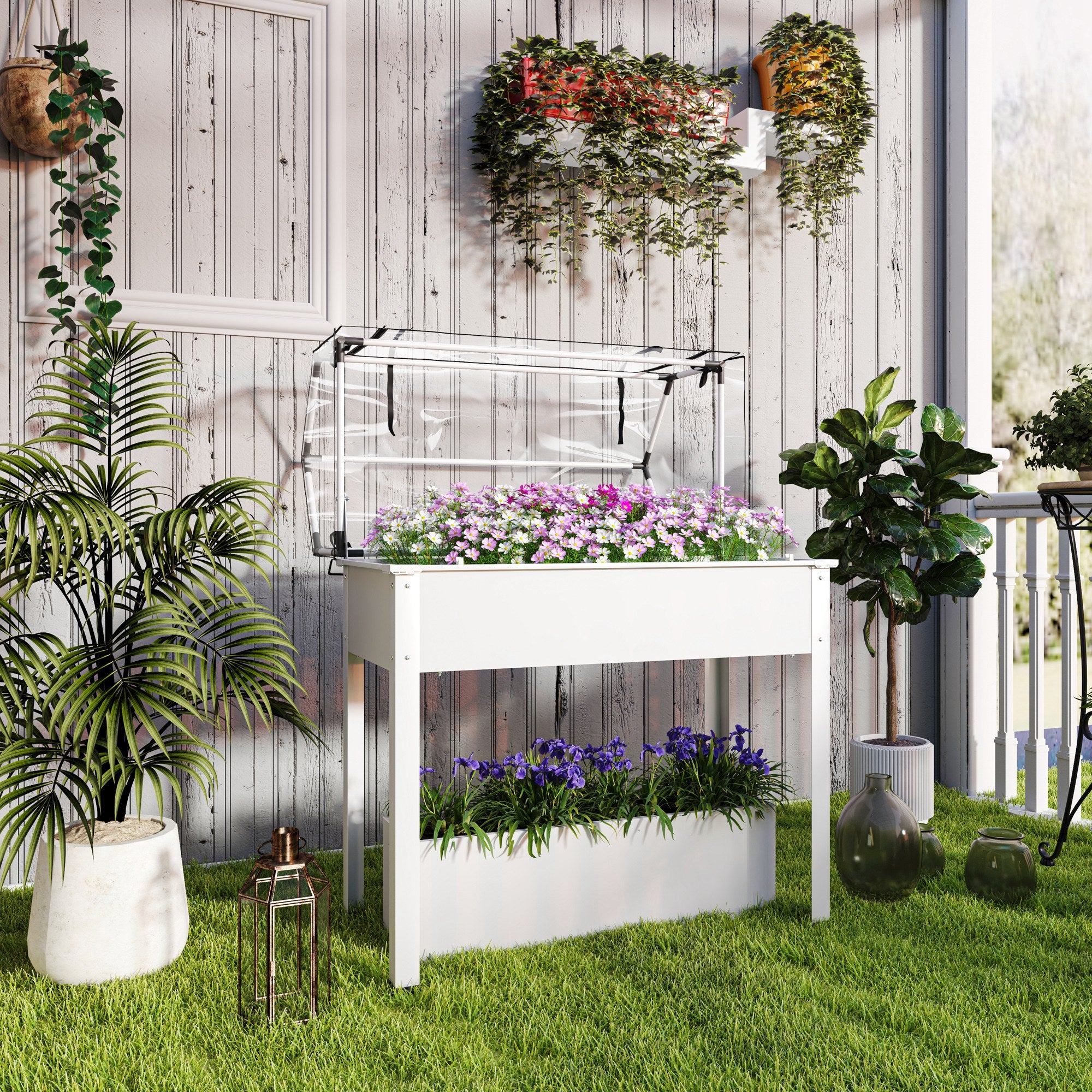 indoor plant bed Outsunny Elevated Garden Box with Greenhouse Cover, Raised Garden Bed with Legs and Drainage Hole for Vegetables, White