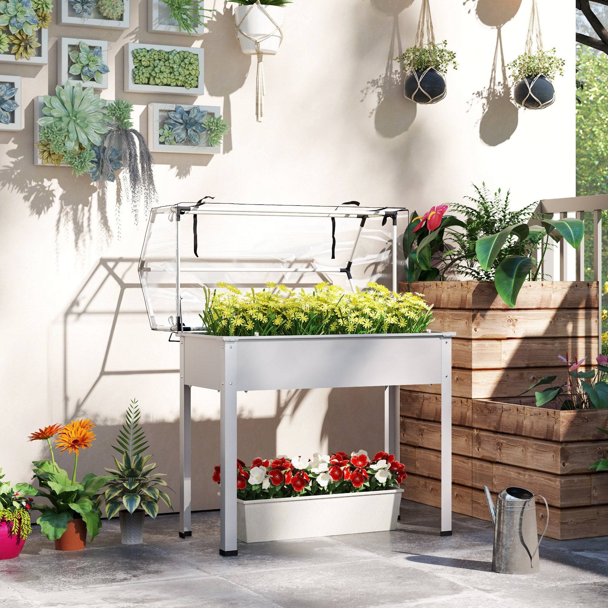 indoor planting beds Outsunny Elevated Garden Box with Greenhouse Cover, Raised Garden Bed with Legs and Drainage Hole for Vegetables, White