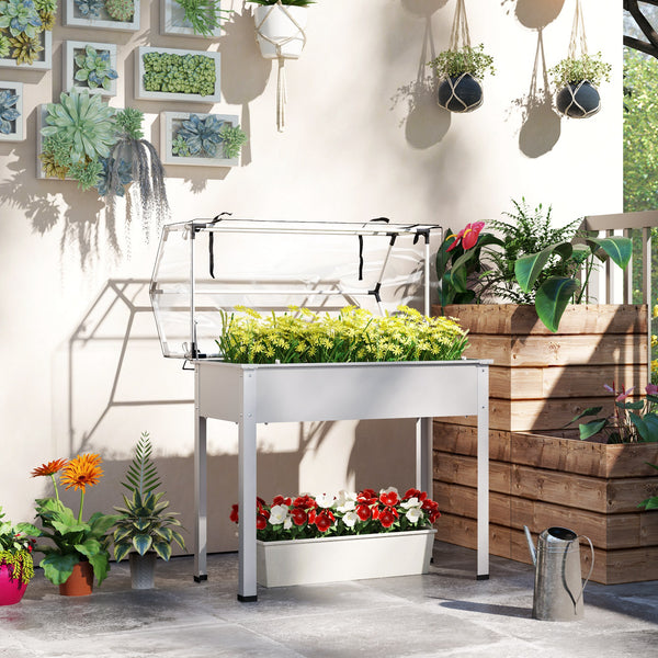 Outsunny Raised Garden Bed with Flip-Up Greenhouse Cover, Elevated Planter Box with Legs and Drainage Hole for Vegetables Flowers Herbs, 39.4" x 18.9" x 48.8", White