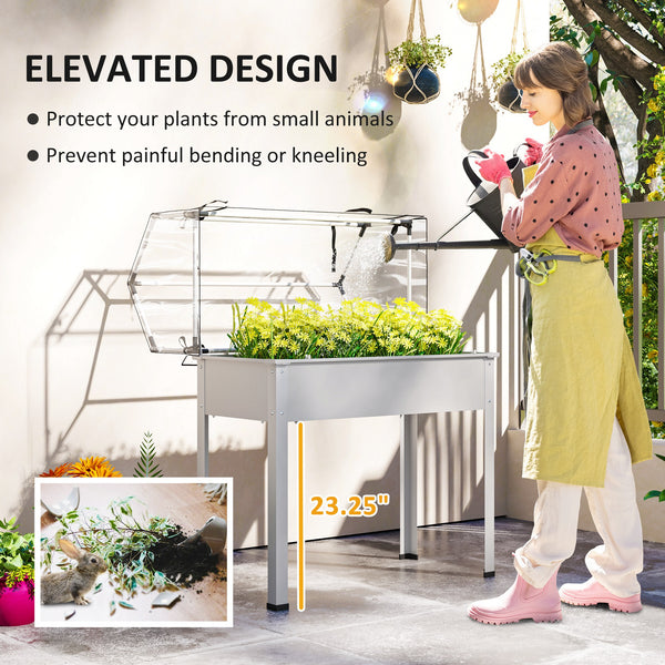 Outsunny Raised Garden Bed with Flip-Up Greenhouse Cover, Elevated Planter Box with Legs and Drainage Hole for Vegetables Flowers Herbs, 39.4" x 18.9" x 48.8", White