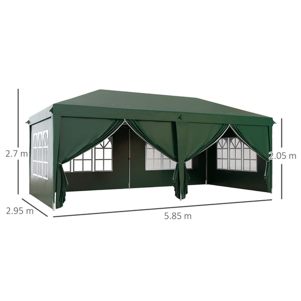 3 x 6 m Pop Up Gazebo with Sides and Windows, Height Adjustable Wedding Camping Party Tent Canopy Marquee with Storage Bag for Garden, Event, Green