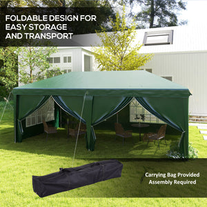 3 x 6 m Pop Up Gazebo with Sides and Windows, Height Adjustable Wedding Camping Party Tent Canopy Marquee with Storage Bag for Garden, Event, Green