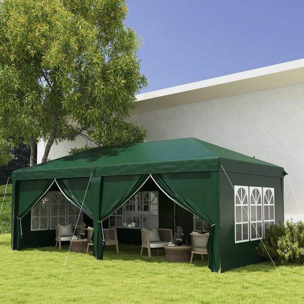 3 x 6 m Pop Up Gazebo with Sides and Windows, Height Adjustable Wedding Camping Party Tent Canopy Marquee with Storage Bag for Garden, Event, Green
