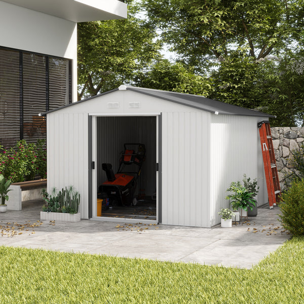 Outsunny 11' x 9' Outdoor Storage Shed, Garden Tool Metal Shed with Foundation Kit, Double Lockable Door, Air Vents and Sloping Roof, for Backyard, Patio, Lawn, Silver