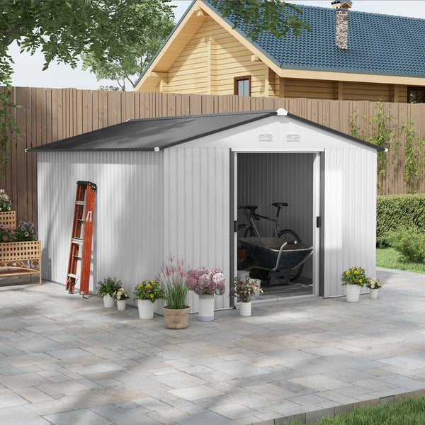 Outsunny 11' x 9' Outdoor Storage Shed, Garden Tool Metal Shed with Foundation Kit, Double Lockable Door, Air Vents and Sloping Roof, for Backyard, Patio, Lawn, Silver