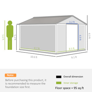 Outsunny 11' x 9' Outdoor Storage Shed, Garden Tool Metal Shed with Foundation Kit, Double Lockable Door, Air Vents and Sloping Roof, for Backyard, Patio, Lawn, Silver