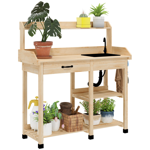 Outsunny Potting Bench Table, Outdoor Garden Table Wooden Work Station with Removable Sink, Faucet, Drawer, Shelves, Hooks, Natural Wood