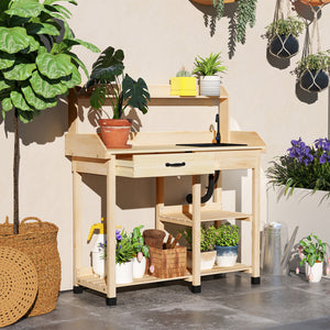 Outsunny Potting Bench Table, Outdoor Garden Table Wooden Work Station with Removable Sink, Faucet, Drawer, Shelves, Hooks, Natural Wood