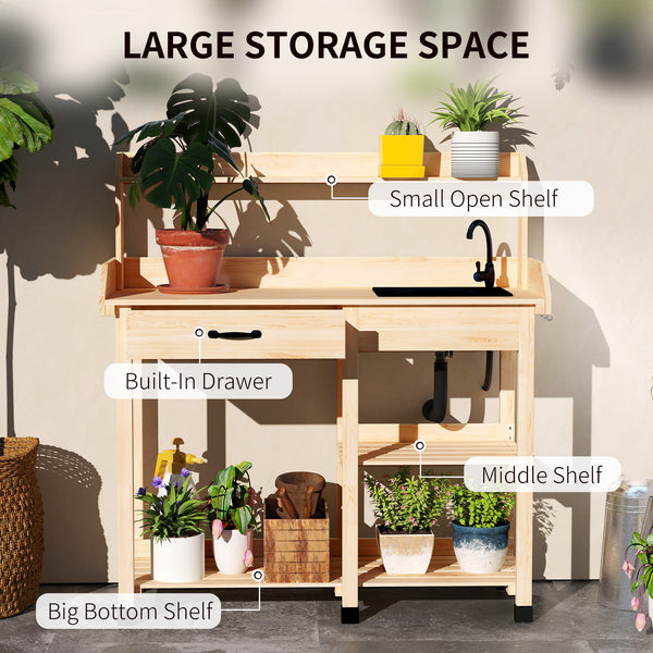 Outsunny Potting Bench Table, Outdoor Garden Table Wooden Work Station with Removable Sink, Faucet, Drawer, Shelves, Hooks, Natural Wood