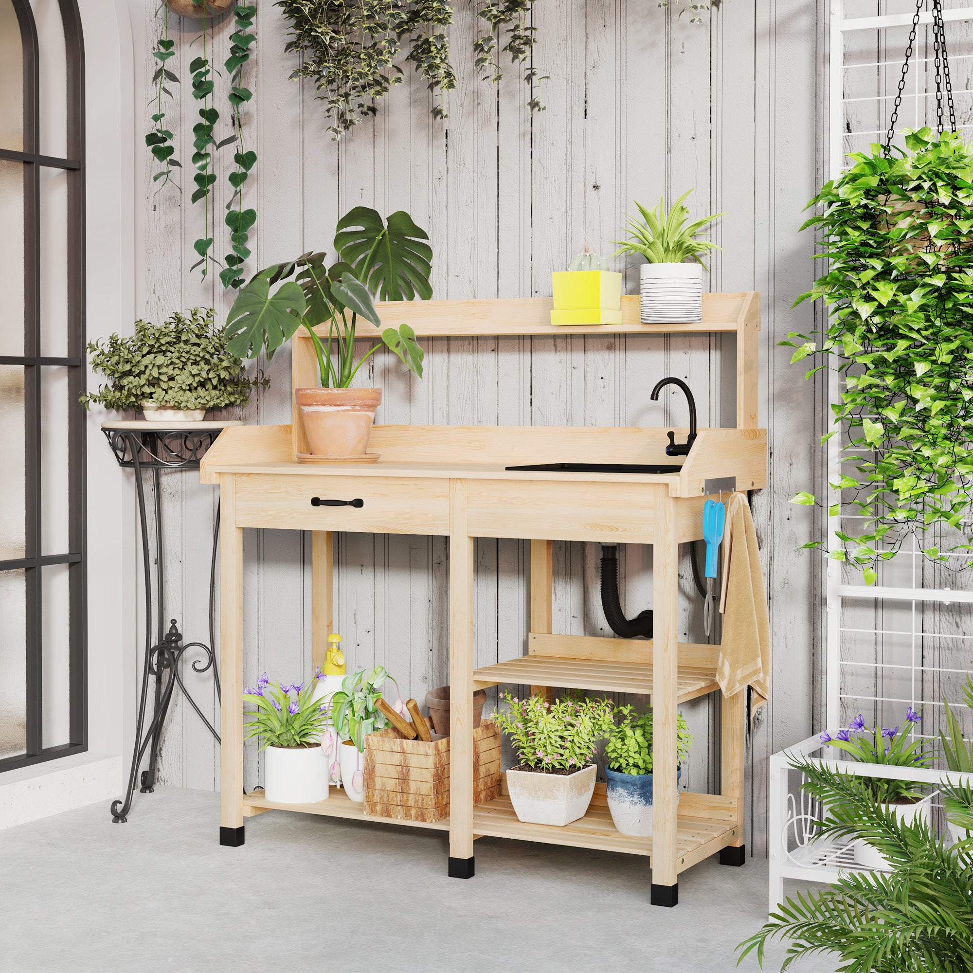 outdoor table for potted plants Outsunny Potting Bench Table, Outdoor Garden Table Wooden Work Station with Removable Sink, Faucet, Drawer, Shelves, Hooks, Natural Wood