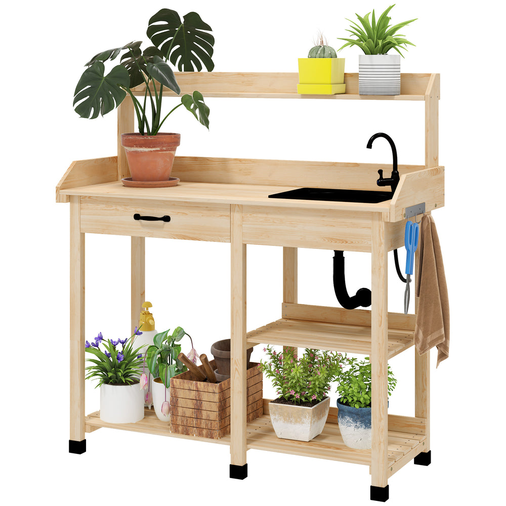 Outsunny Potting Bench Table, Outdoor Garden Table Wooden Work Station with Removable Sink, Faucet, Drawer, Shelves, Hooks, Natural Wood