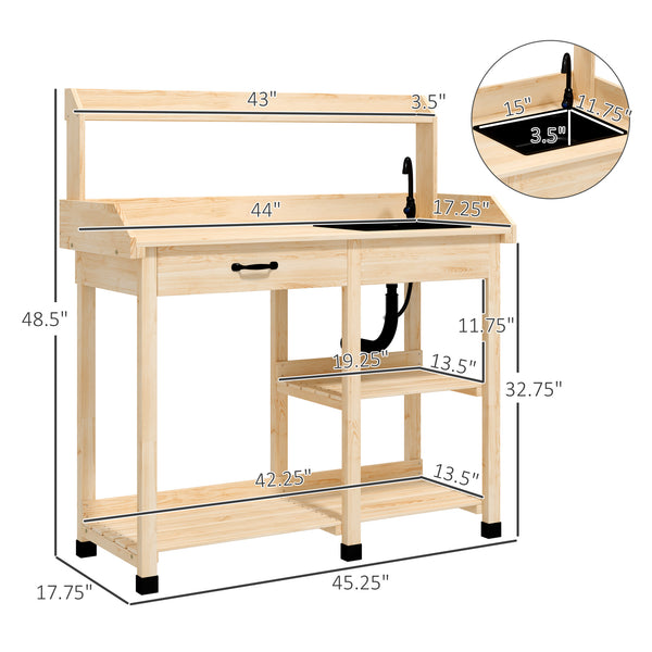 Outsunny Potting Bench Table, Outdoor Garden Table Wooden Work Station with Removable Sink, Faucet, Drawer, Shelves, Hooks, Natural Wood