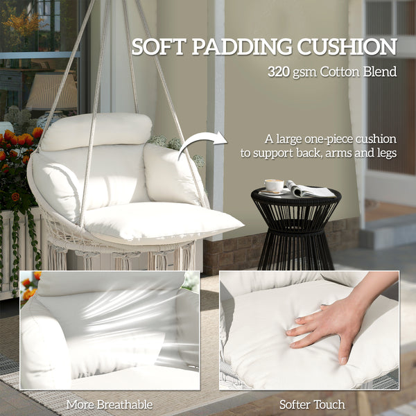 Hammock Swing Chair, Outdoor Hanging Chair with Large Cushion, Cotton Rope Weaving Macrame Swing with Chain, 265 LBS Capacity for Indoor, Outdoor, Bedroom, Patio, Balcony, Cream White