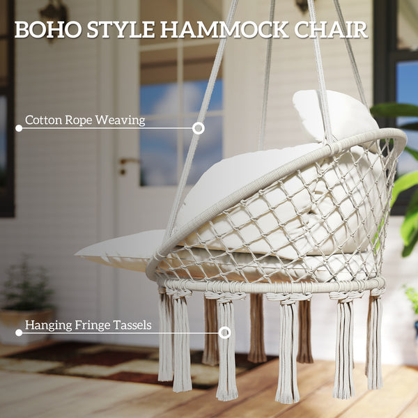 Hammock Swing Chair, Outdoor Hanging Chair with Large Cushion, Cotton Rope Weaving Macrame Swing with Chain, 265 LBS Capacity for Indoor, Outdoor, Bedroom, Patio, Balcony, Cream White