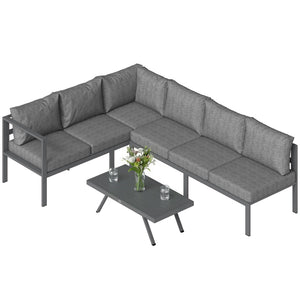 3 Pieces Garden Furniture Set, Aluminium Corner Lounge Set with Adjustable Backrest and Coffee Table, Outdoor Conversation Furniture with Cushions, Dark Grey
