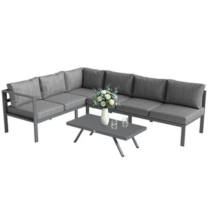 3 Pieces Garden Furniture Set, Aluminium Corner Lounge Set with Adjustable Backrest and Coffee Table, Outdoor Conversation Furniture with Cushions, Dark Grey