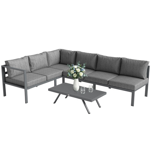 3 Pieces Garden Furniture Set, Aluminium Corner Lounge Set with Adjustable Backrest and Coffee Table, Outdoor Conversation Furniture with Cushions, Dark Grey