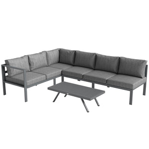 3 Pieces Garden Furniture Set, Aluminium Corner Lounge Set with Adjustable Backrest and Coffee Table, Outdoor Conversation Furniture with Cushions, Dark Grey