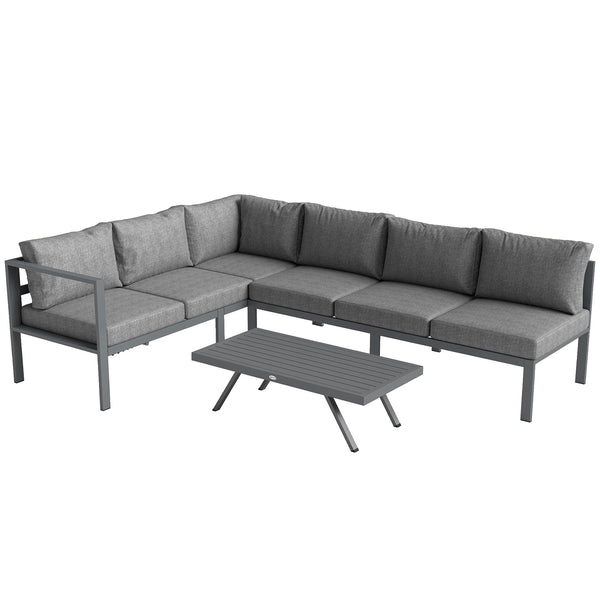 3 Pieces Garden Furniture Set, Aluminium Corner Lounge Set with Adjustable Backrest and Coffee Table, Outdoor Conversation Furniture with Cushions, Dark Grey
