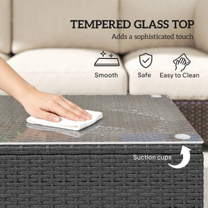 Rattan Coffee Table, Patio Side Table, Hand-woven Wicker Furniture with Tempered Glass Top Outdoor Garden Patio, Dark Grey